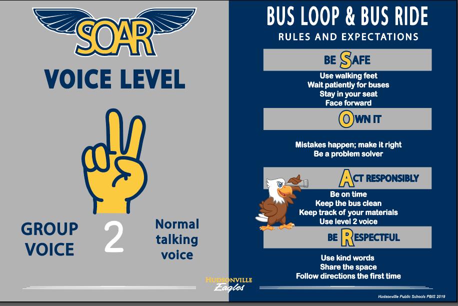 PBIS - Voice Level 2 - Bus Loop and Bus Ride Rules and Expectations. Be Safe. Own It. Act Responsibly. Be Respectful
